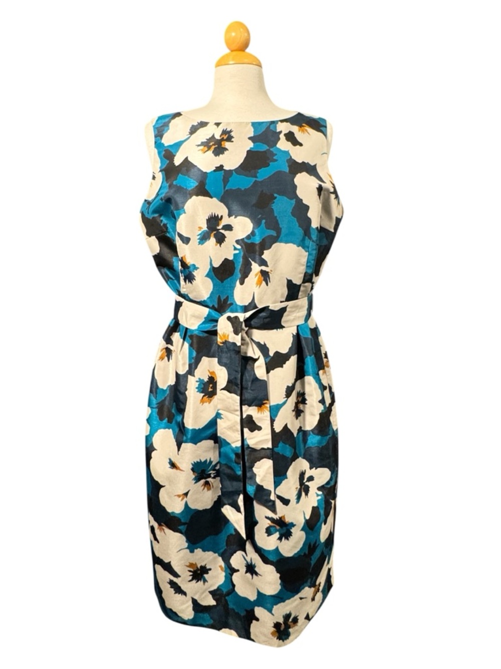 Oscar de la Renta Teal, Cream & Black Floral Midi Dress with Belt